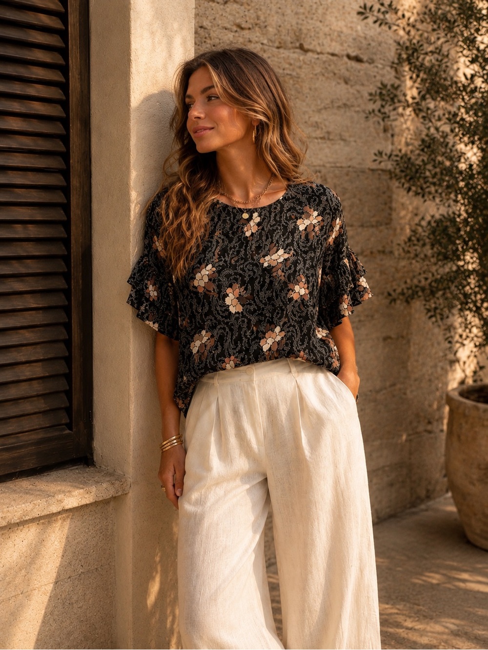 Part Two Black Floral Lace Overlay Ruffle-Sleeve Blouse